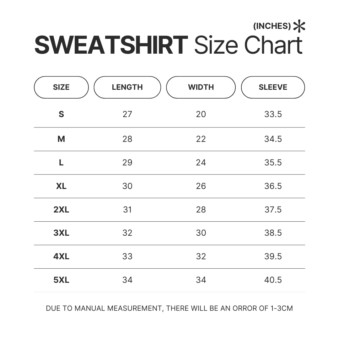 Sweatshirt Size Chart - JoJo's Bizarre Adventure UK Shop