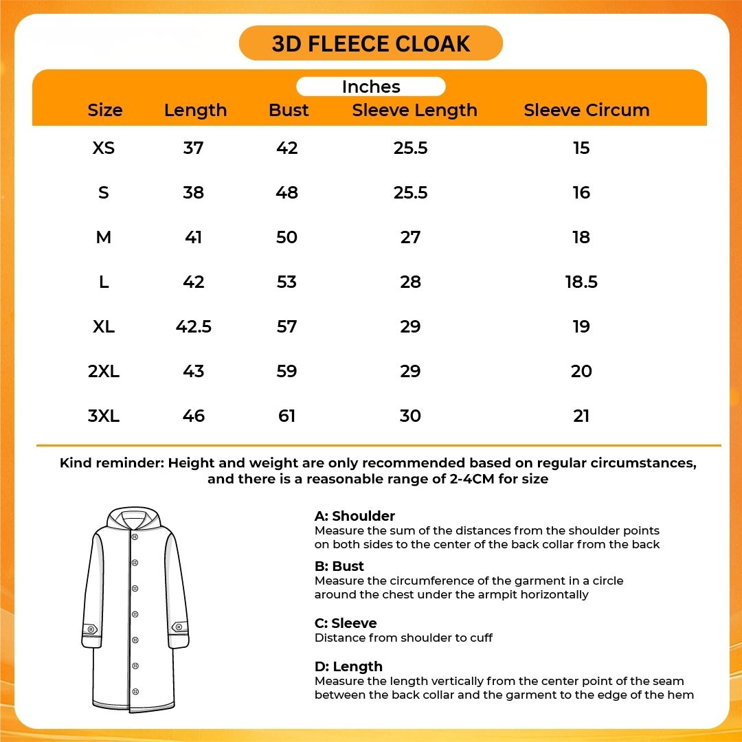3D Fleece Cloak Size Chart - JoJo's Bizarre Adventure UK Shop
