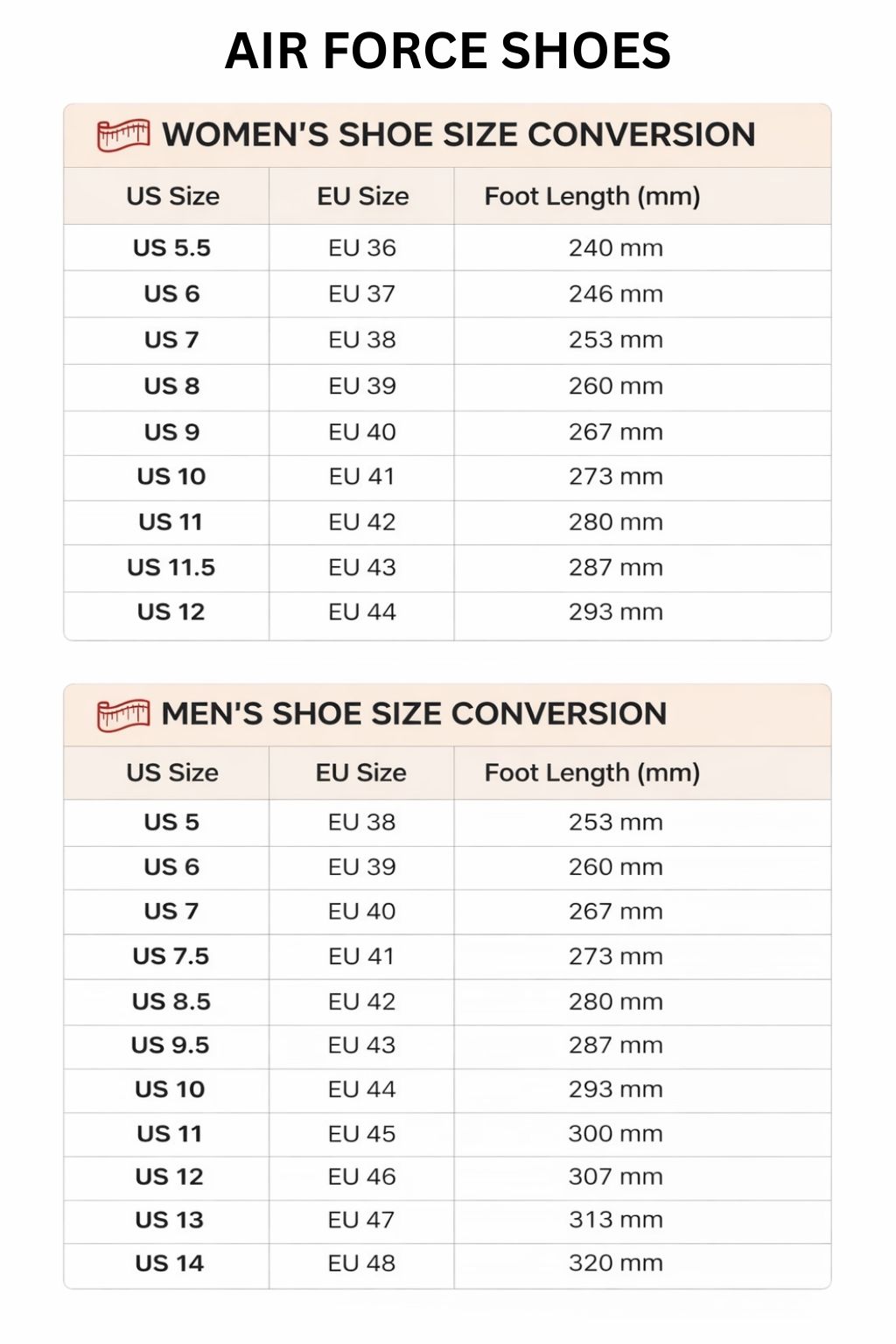 Air Force Shoes Size Chart - JoJo's Bizarre Adventure UK Shop