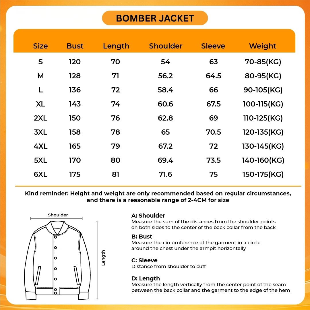 Bomber Jacket Size Chart - JoJo's Bizarre Adventure UK Shop