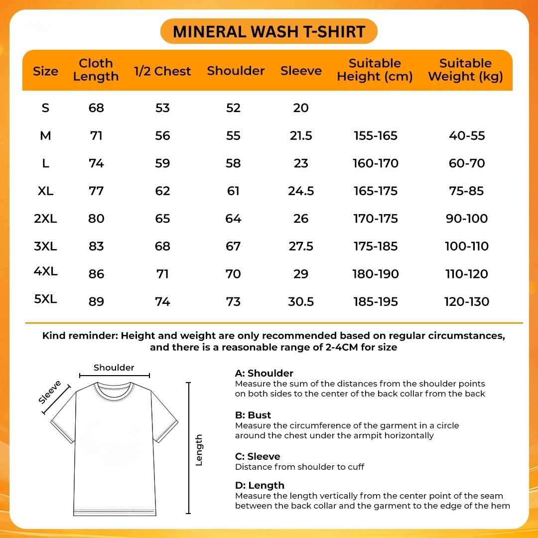 Mineral Wash T Shirt Size Chart - JoJo's Bizarre Adventure UK Shop