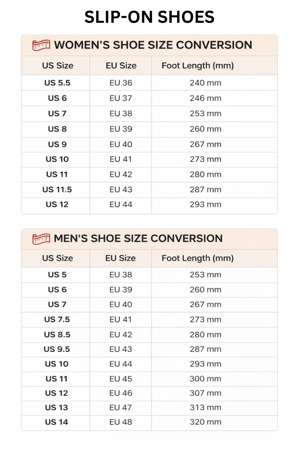 Slip On Shoes Size Chart - JoJo's Bizarre Adventure UK Shop